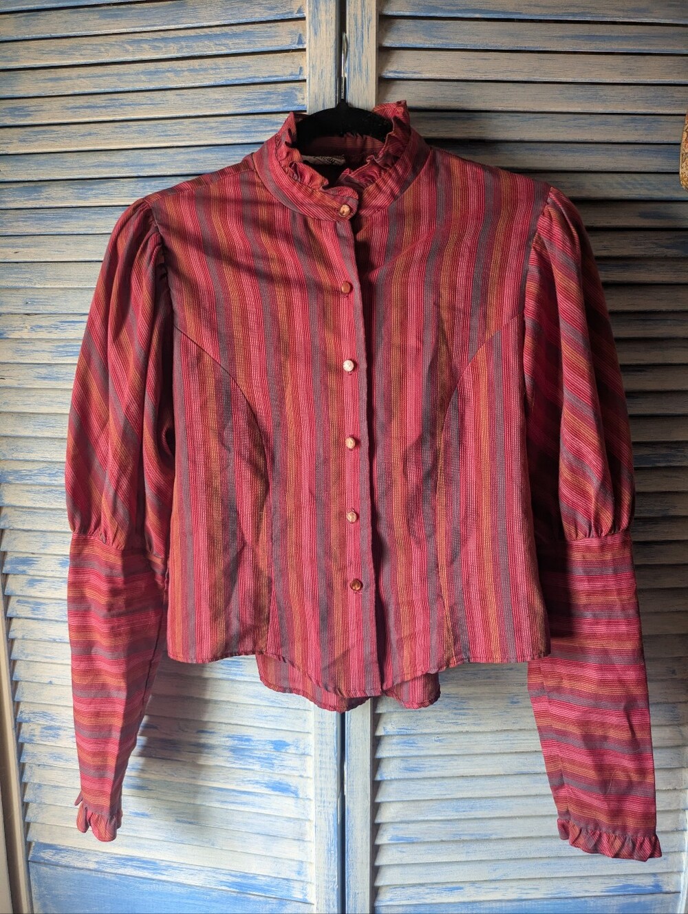 Rhapsody Red Striped Ruffle-Collar Button Blouse